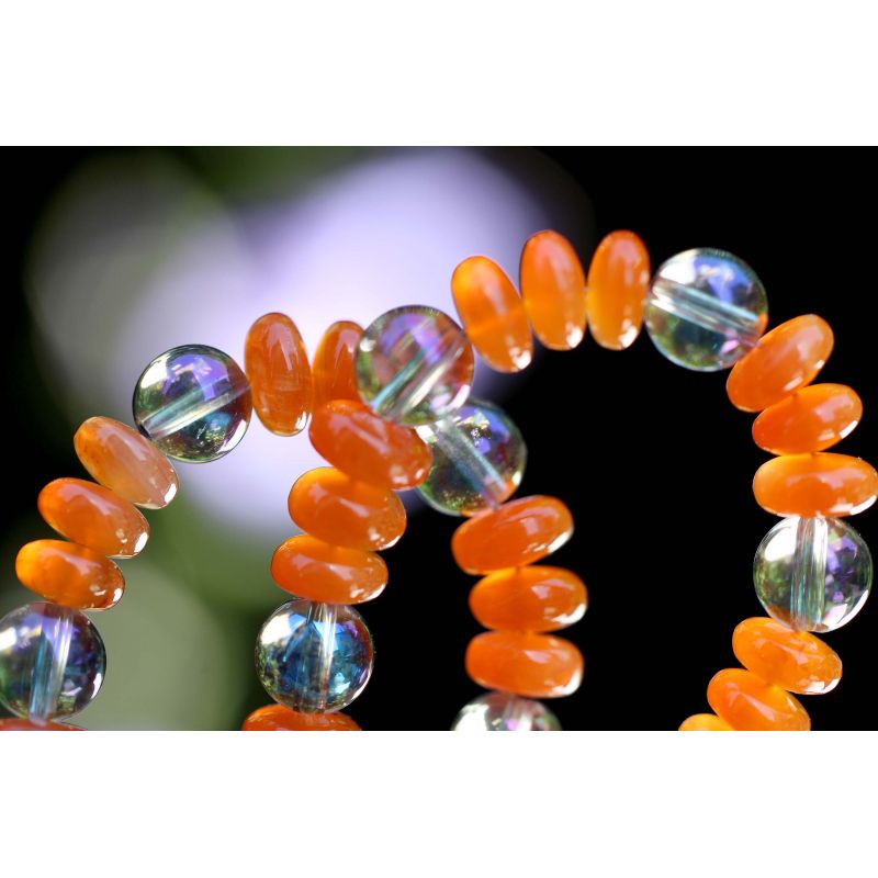 Chalcedon Varietät Karneol Linsen+Aqua Aura Kugeln-Energiekette (Lebensfreude / Reinigung der Chakren)